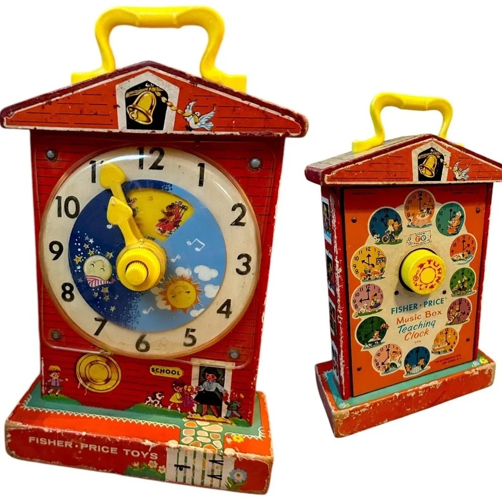 Vintage 1960s Fisher-Price Children’s Toy Red Yellow Music Box Teaching Clock